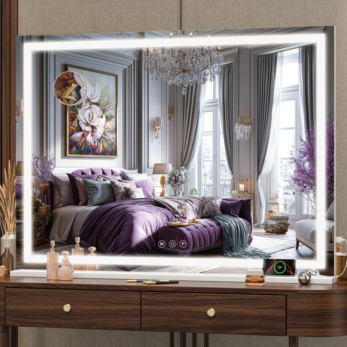 Hasipu Vanity Mirror with Lights, 27.6" x 20" LED Makeup Mirror, Lighted Makeup Mirror with Dimmable 3 Modes, Touch Screen Control Vanity Mirror Round Gold