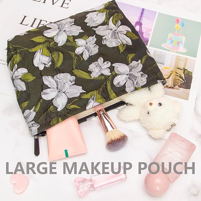 Flat Makeup Bag for Women,Zipper Cosmetic Pouch Purse,Brocade Floral Black