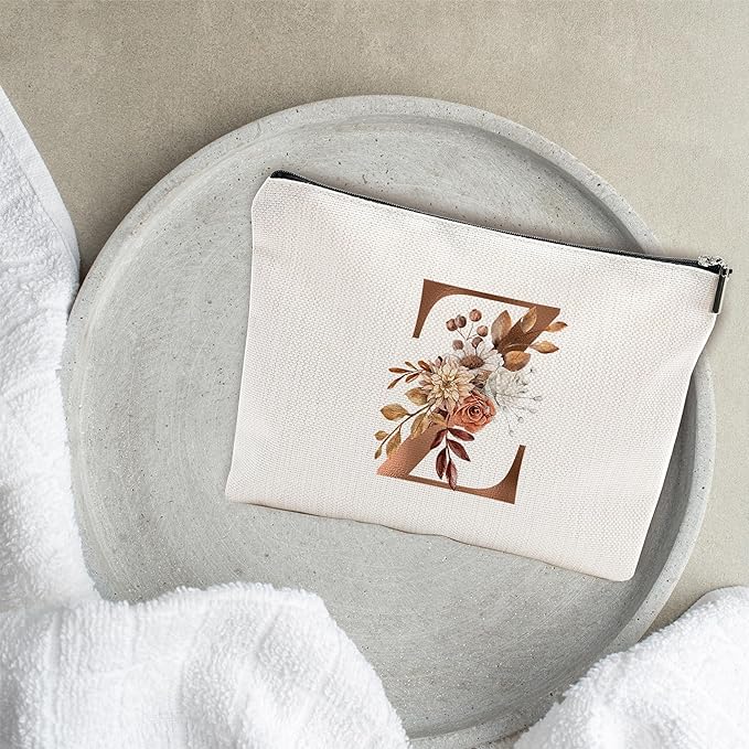 YKYENR A-Z Boho Personalized Cosmetic Bag-Floral Cotton Letter Makeup Bag With Zipper-Artistic Cosmetic Bag For Travel-Bride,Birthday Gift For Women Daughter Friends-Women Makeup Organizer-A26