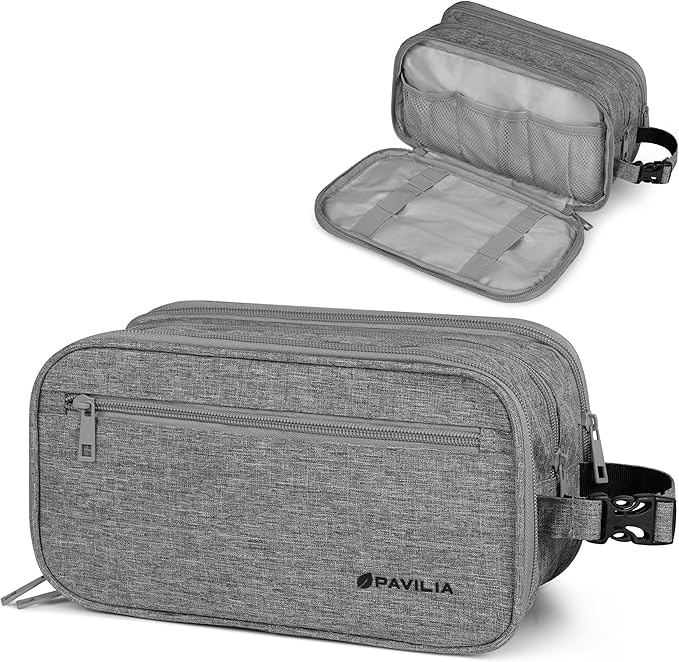 PAVILIA Toiletry Bag for Men, Travel Toiletries Bag | Water-resistant Dopp Kit, Shaving Pouch Organizer for Accessories, Cosmetic, Hygiene, Grooming Essentials (Heather Grey)