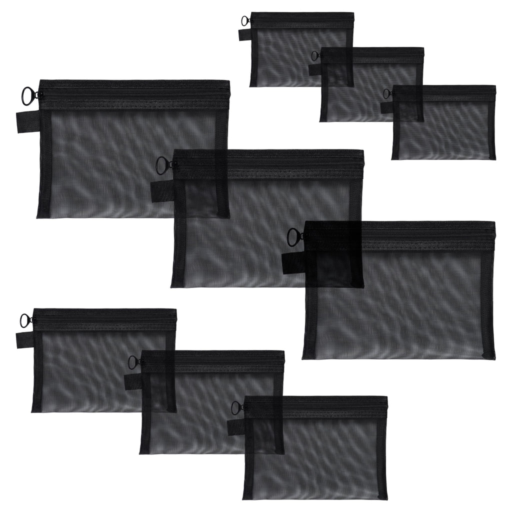 Quotidian Flat Clear Mesh Pencil Pouch Black Makeup Bag with Zipper Cosmetic Organizer 3-Size Pack of 9 - Travel Daily Use Home Storage Office