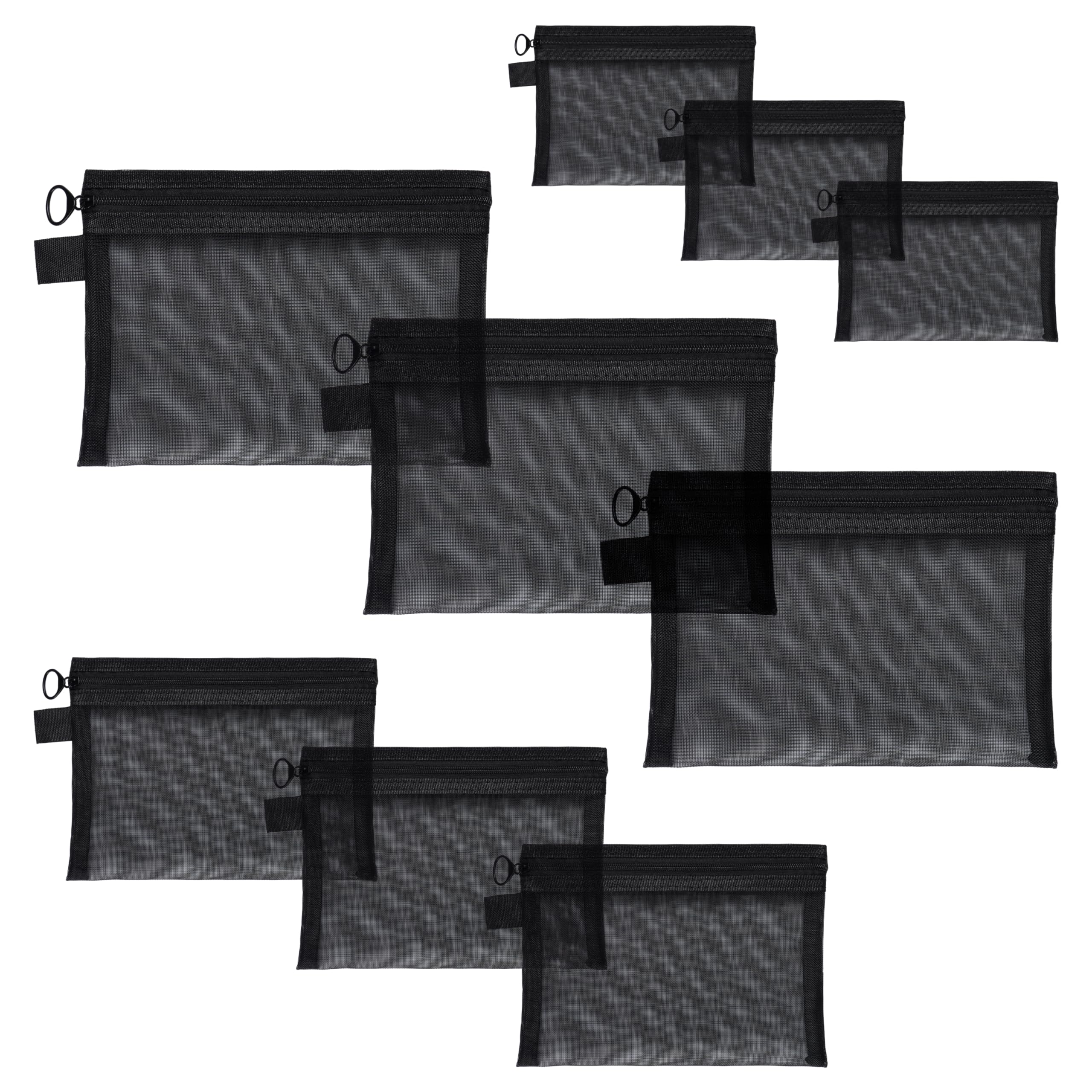 Quotidian Flat Clear Mesh Pencil Pouch Black Makeup Bag with Zipper Cosmetic Organizer 3-Size Pack of 9 - Travel Daily Use Home Storage Office