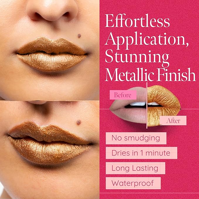 Aromi Gold Metallic Liquid Lipstick, Bronze Yellow Lip Color with Shimmery Finish (Gold Digger)