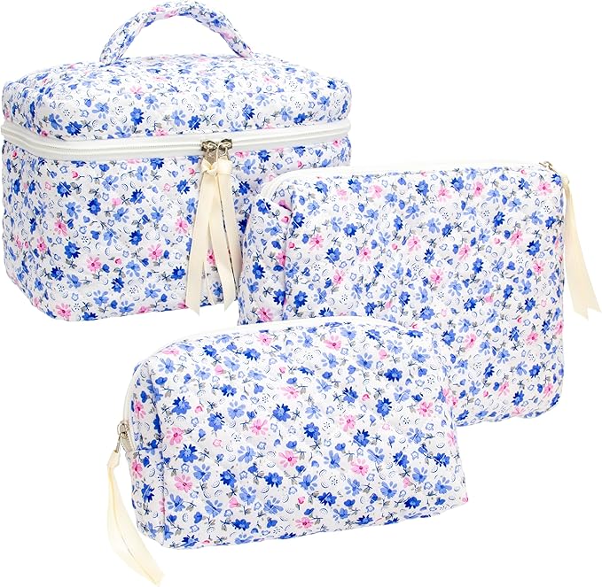 3 Piece Quilted Makeup Bag Set for Women,Cosmetic&Toiletry Bag,Floral Blue