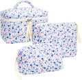 3 Piece Quilted Makeup Bag Set for Women,Cosmetic&Toiletry Bag,Floral Blue