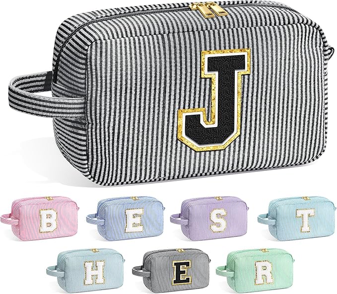 YOOLIFE Initial Makeup Bag for Women - Monogram Cute Makeup Bags Cosmetic Case Toiletry Pouch for Women Her Best Friend Sister Teacher, Personalized Birthday Gifts for Women, Black J