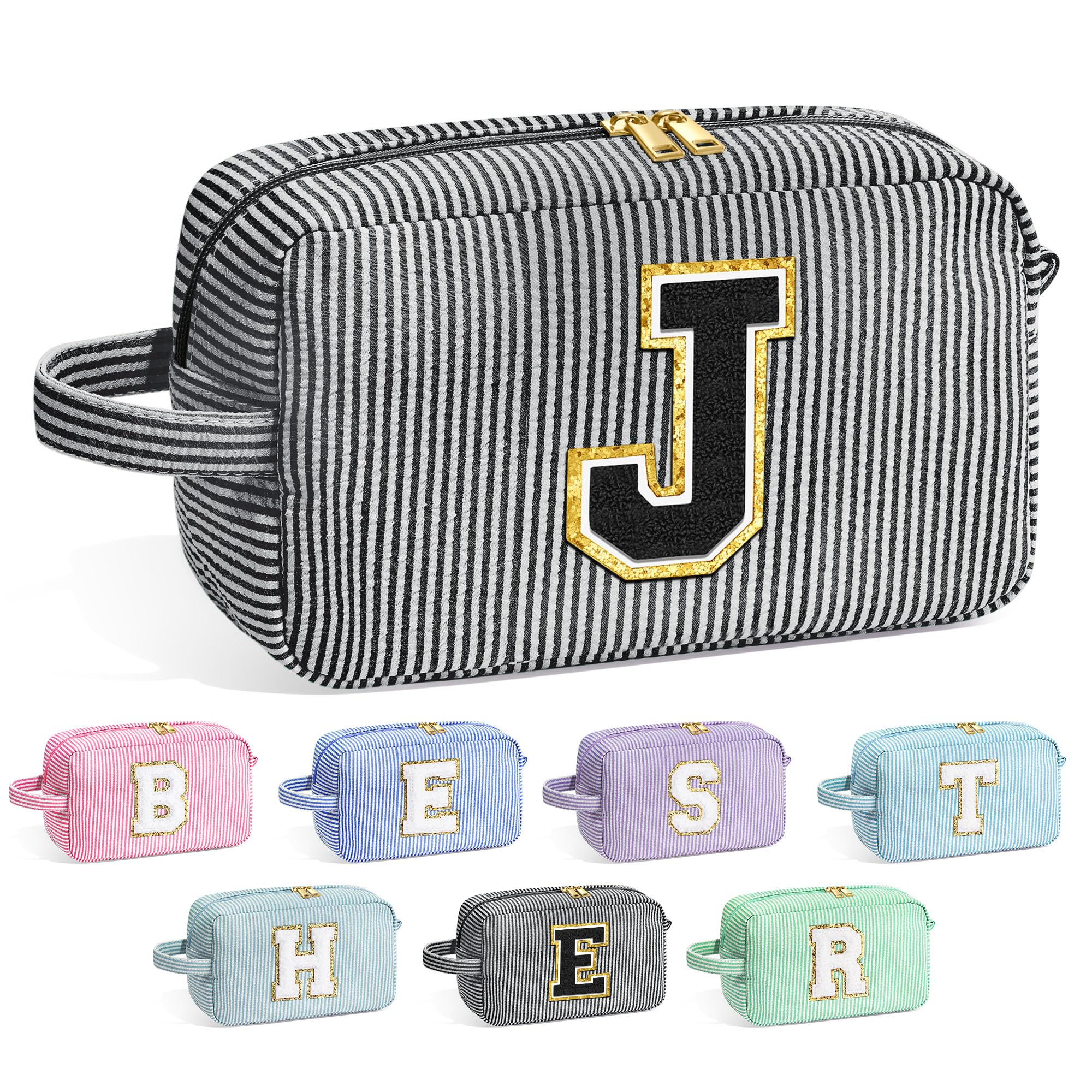 YOOLIFE Initial Makeup Bag for Women - Monogram Cute Makeup Bags Cosmetic Case Toiletry Pouch for Women Her Best Friend Sister Teacher, Personalized Birthday Gifts for Women, Black J