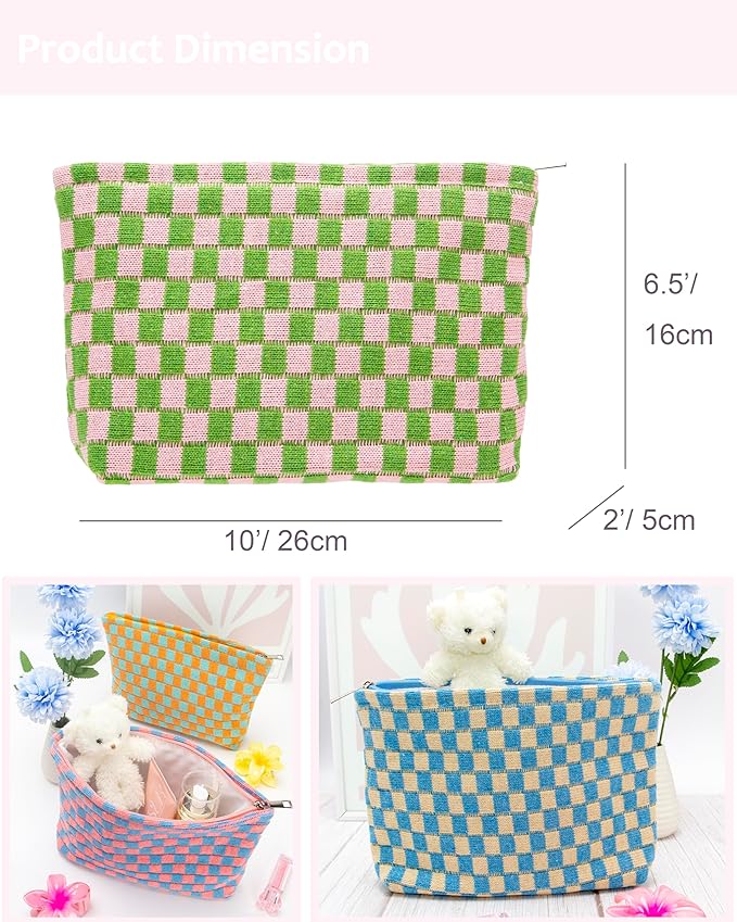 Checkered Makeup Bag for Purse, Small Flat Cosmetic Pouch,Pink Green