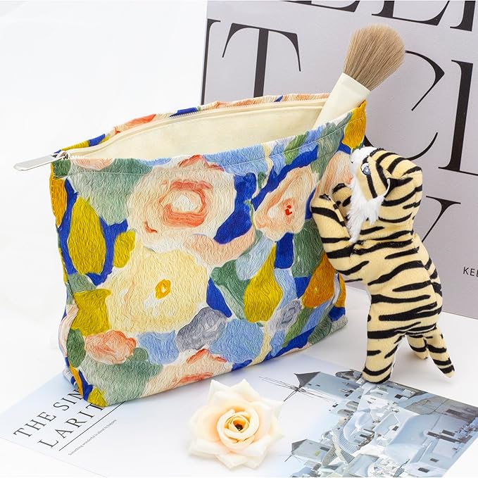 Flat Makeup Bag for Women,Zipper Cosmetic Pouch for Purse,Garden Blue