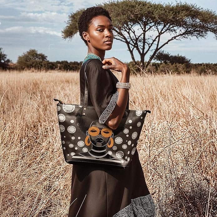 Afroyla African Black Women's Leather Tote Bag, Large Size, Premium Leather, Perfect Presents For Women (Fahari, Premium Vegan Leather)
