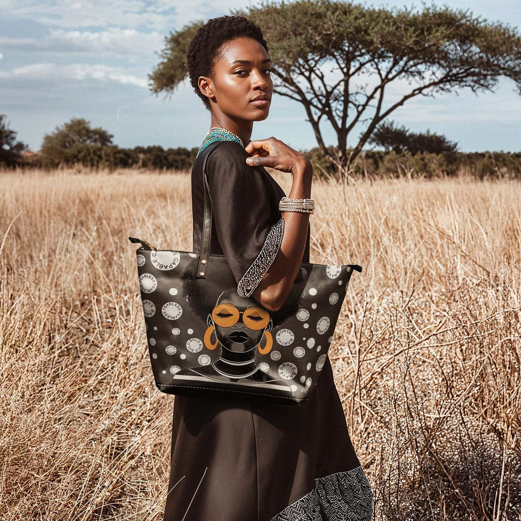 Afroyla African Black Women's Leather Tote Bag, Large Size, Premium Leather, Perfect Presents For Women (Fahari, Premium Vegan Leather)