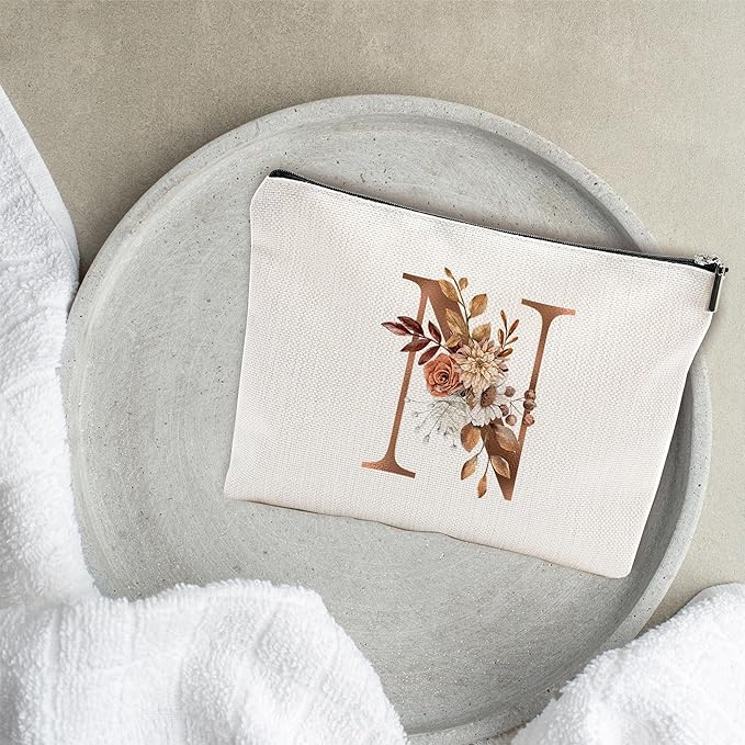 YKYENR A-Z Boho Personalized Cosmetic Bag-Floral Cotton Letter Makeup Bag With Zipper-Artistic Cosmetic Bag For Travel-Bride,Birthday Gift For Women Daughter Friends-Women Makeup Organizer-A14
