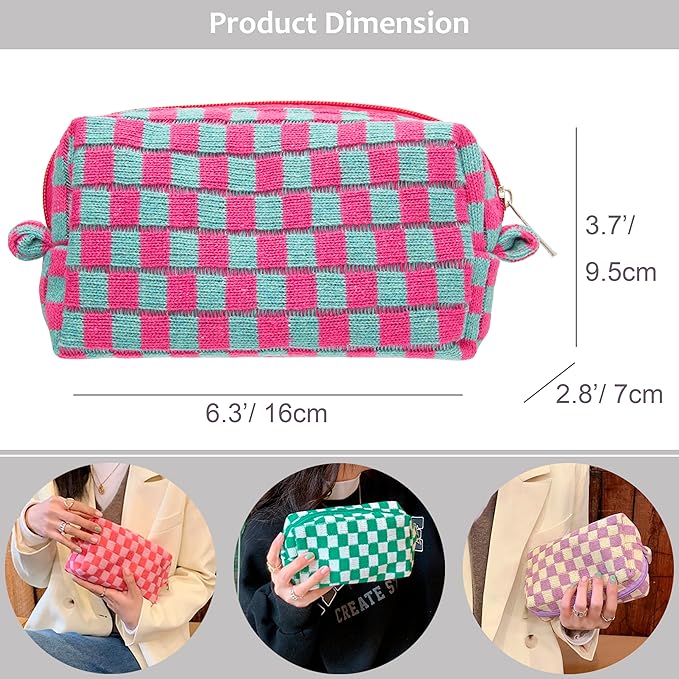 Checkered Makeup Bag for Purse, Small Cosmetic Pouch,Magenta Green,2 Pack
