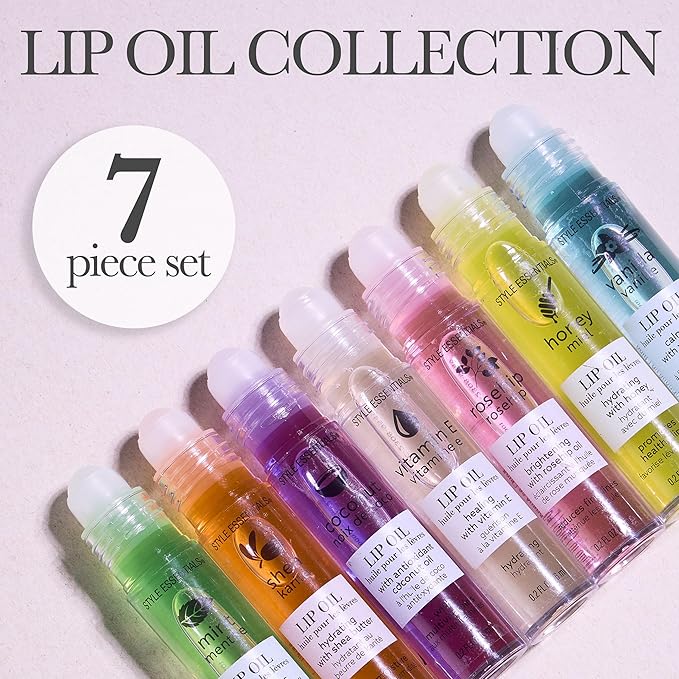 7pc Rollerball Lip Oil Set - Hydrating Roll-On Lip Oils Glossy & Bright