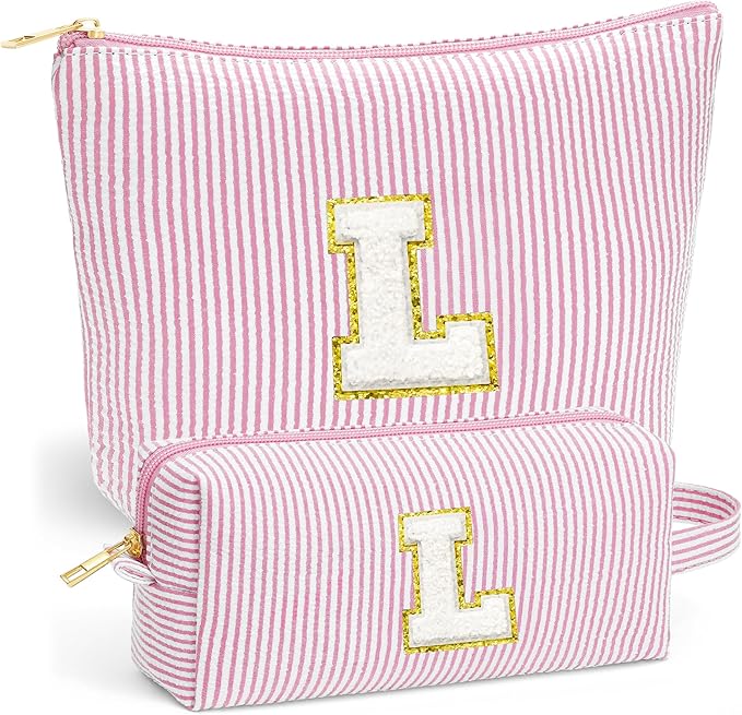 Fohufo Initial Makeup Bag Set - Cute Pink Stuff for Women, Makeup Pouch Cosmetic Bag, Travel Essentials Toiletry Bag, Birthday Christmas Gifts for Women, Light Pink L
