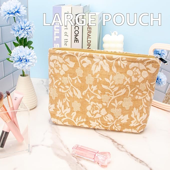 Flat Makeup Bag for Women,Zipper Cosmetic Pouch for Purse,Rose Linen