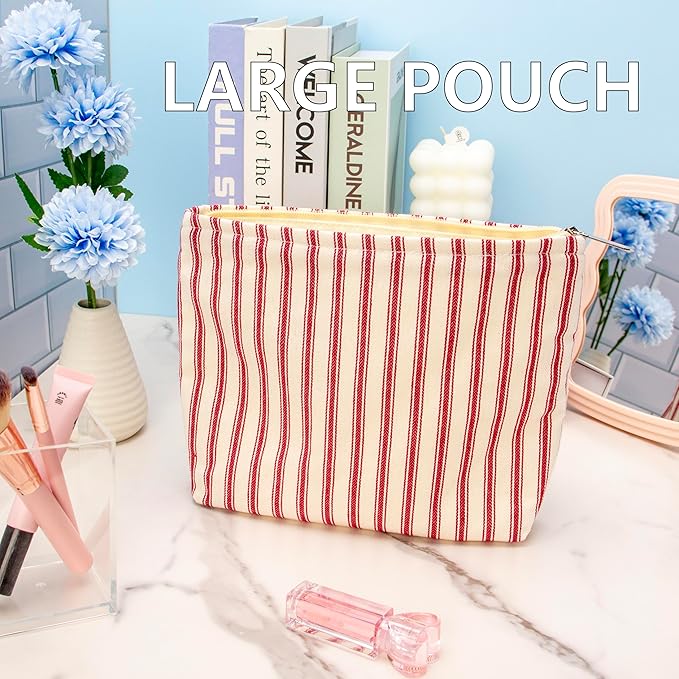 Flat Makeup Bag for Women,Zipper Cosmetic Pouch Purse,Vintage Stripe Red