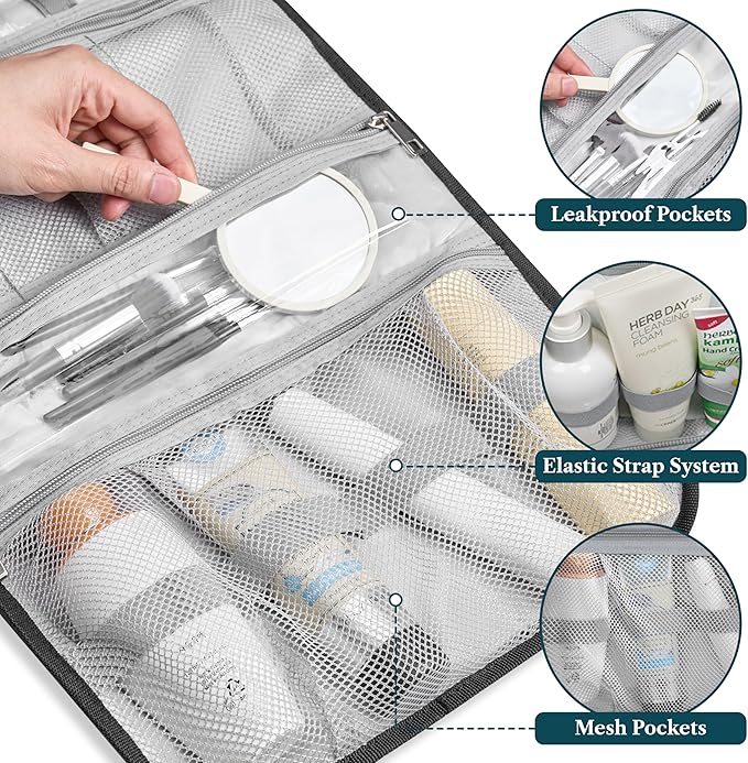PAVILIA Hanging Toiletry Bag for Women Men, Large Foldable Toiletries Organizer with Hook, Water-Resistant Makeup Cosmetic Rollup Case, Clear Pockets for Bathroom, Gym, Cruise (Black)