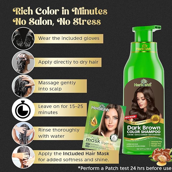Herbishh Hair Color Shampoo for Gray Hair – Magic Hair Dye Shampoo – Colors Hair in Minutes–Long Lasting–500 Ml–3-In-1 Hair Color for Women & Men –Ammonia-Free (Dark Brown)