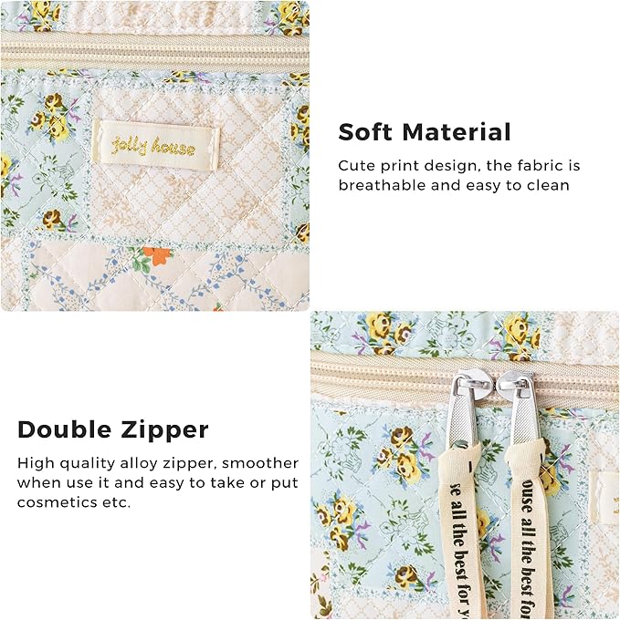 HBselect Quilted Makeup Bag, 3Pcs Cotton Large Travel Makeup Bags Organizer