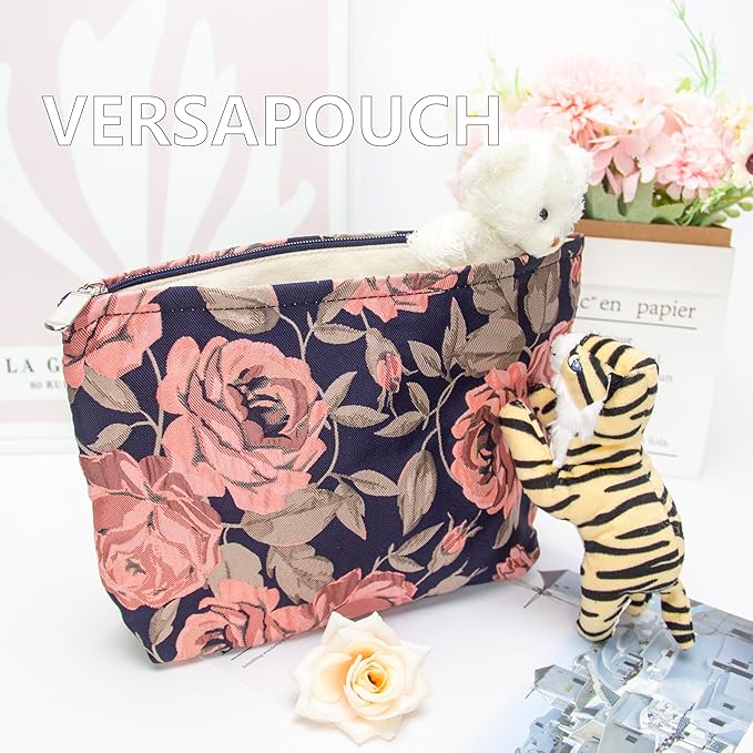 Flat Makeup Bag for Women,Zipper Cosmetic Pouch for Purse,Rose Black Blue