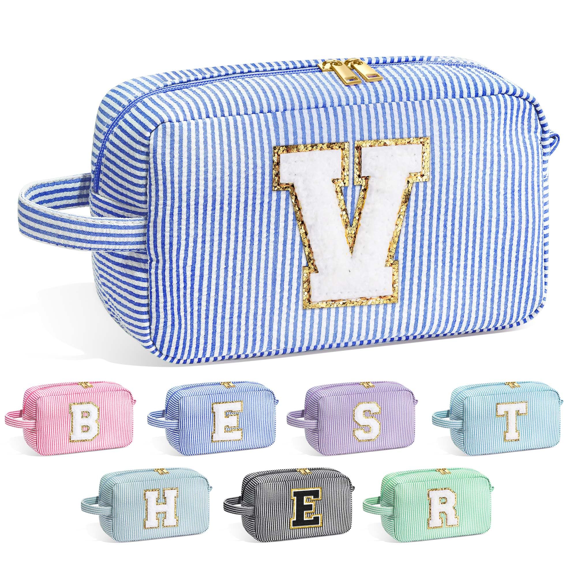 YOOLIFE Initial Makeup Bag for Women - Monogram Cute Makeup Bag Cosmetic Case Toiletry Pouch for Women Her Best Friend Sister Teacher, Personalized Birthday Gifts for Women, Blue V