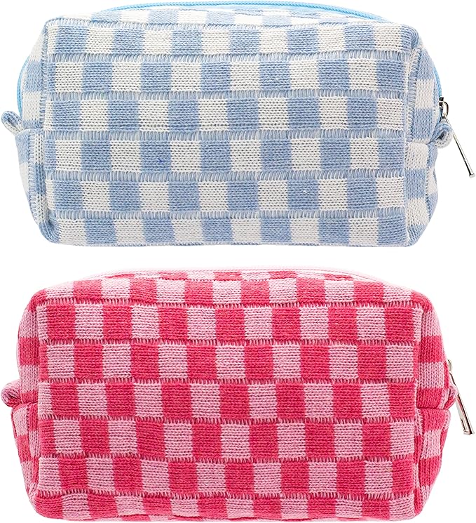 Checkered Makeup Bag for Purse, Small Cosmetic Pouch,Blue Hotpink,2 Pack