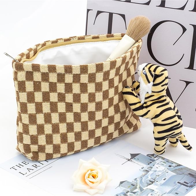 PAZIMIIK Checkered Makeup Bag for Purse, Small Flat Cosmetic Pouch,Coffee