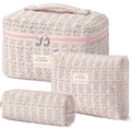 HBselect Quilted Makeup Bag, 3Pcs Cotton Large Travel Makeup Bags Organizer