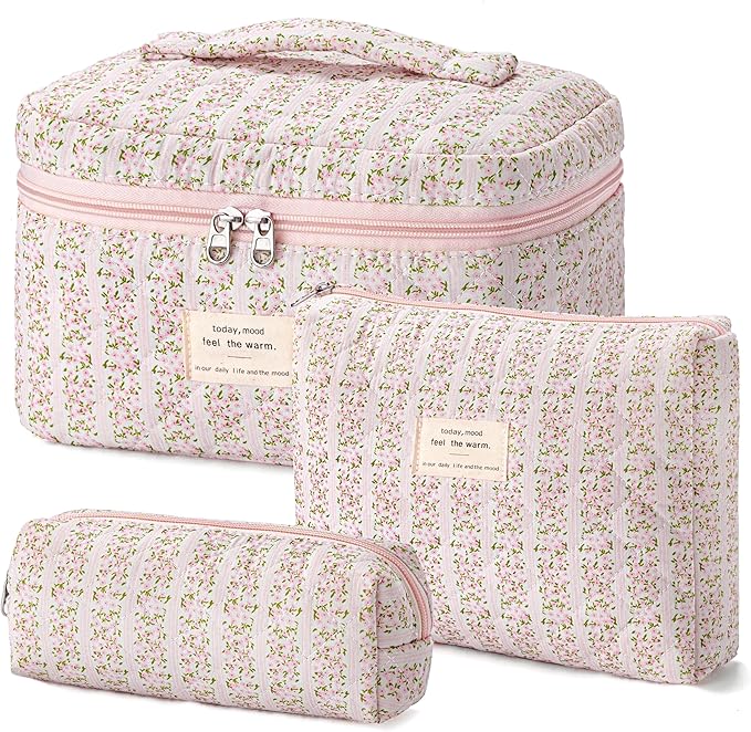 HBselect Quilted Makeup Bag, 3Pcs Cotton Large Travel Makeup Bags Organizer