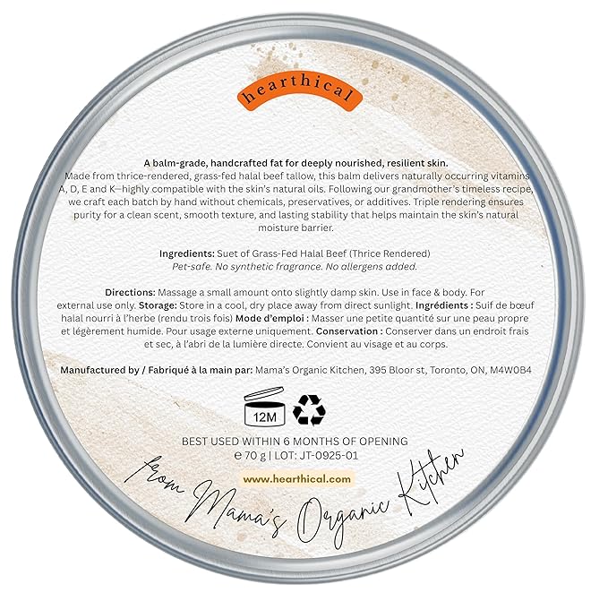 Hearthical JUST Tallow - No Added Ingredient - 70 g Halal Grass Fed Beef Tallow For Skin - Organic Beef Tallow Moisturizer – Beef Tallow Face Moisturizer & Beef Tallow Balm For Face – Unscented