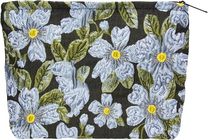 Flat Makeup Bag for Women,Zipper Cosmetic Pouch Purse,Brocade Flower Black