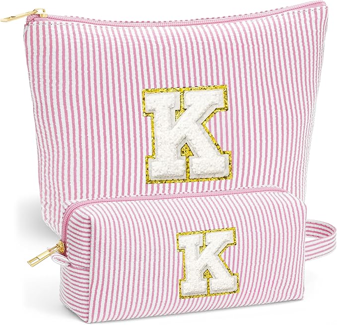 Fohufo Initial Makeup Bag Set - Cute Pink Stuff for Women, Makeup Pouch Cosmetic Bag, Travel Essentials Toiletry Bag, Birthday Christmas Gifts for Women, Light Pink K