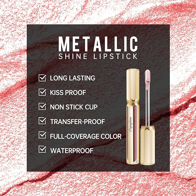 Nude Pink Lipsticks for Women Metallic Glitter Lipstick Long Lasting