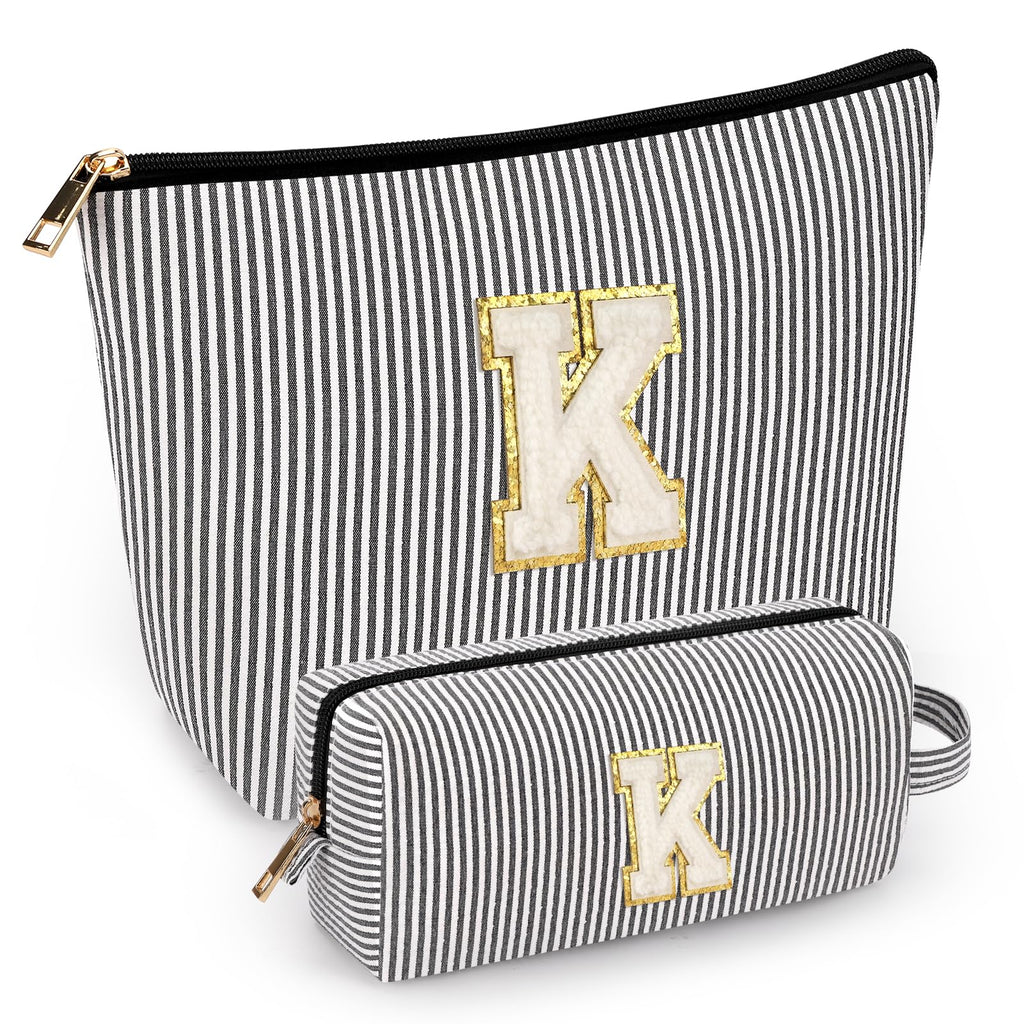 2 PCS Initial Makeup Bags for Women: Cosmetic Bag for Travel Toiletry - Birthday Gifts for 11 12 13 14 15 16 17 18 Years Old Girl Graduation Teacher Gift- Teen Girl Gifts Trendy Stuff - Black K