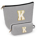 2 PCS Initial Makeup Bags for Women: Cosmetic Bag for Travel Toiletry - Birthday Gifts for 11 12 13 14 15 16 17 18 Years Old Girl Graduation Teacher Gift- Teen Girl Gifts Trendy Stuff - Black K