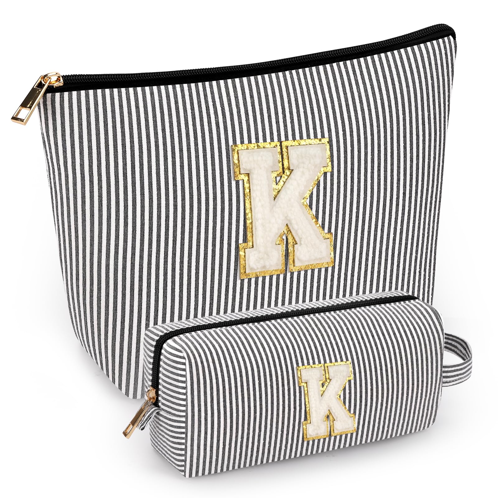 2 PCS Initial Makeup Bags for Women: Cosmetic Bag for Travel Toiletry - Birthday Gifts for 11 12 13 14 15 16 17 18 Years Old Girl Graduation Teacher Gift- Teen Girl Gifts Trendy Stuff - Black K