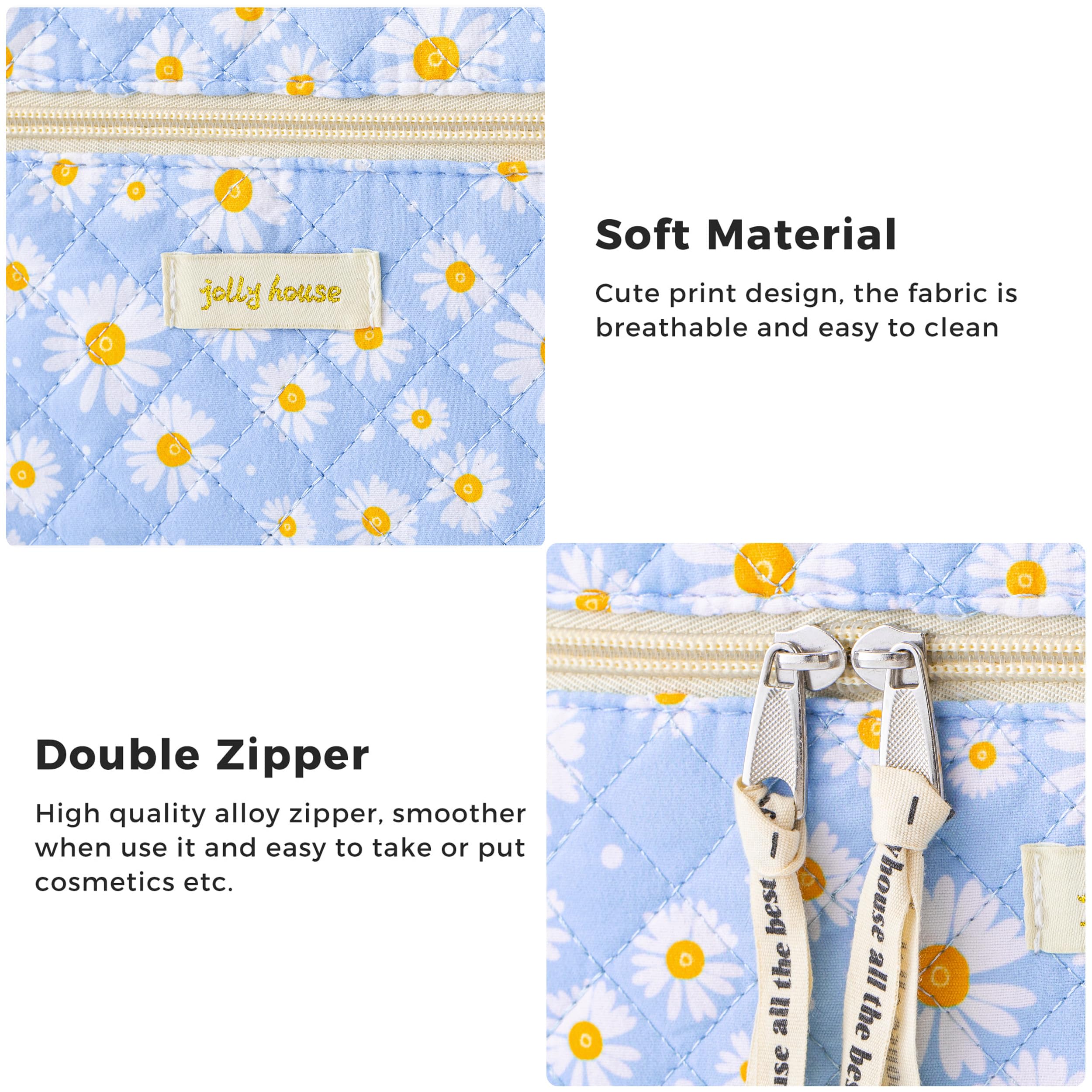 HBselect Quilted Makeup Bag, 3Pcs Cotton Large Travel Makeup Bags Organizer