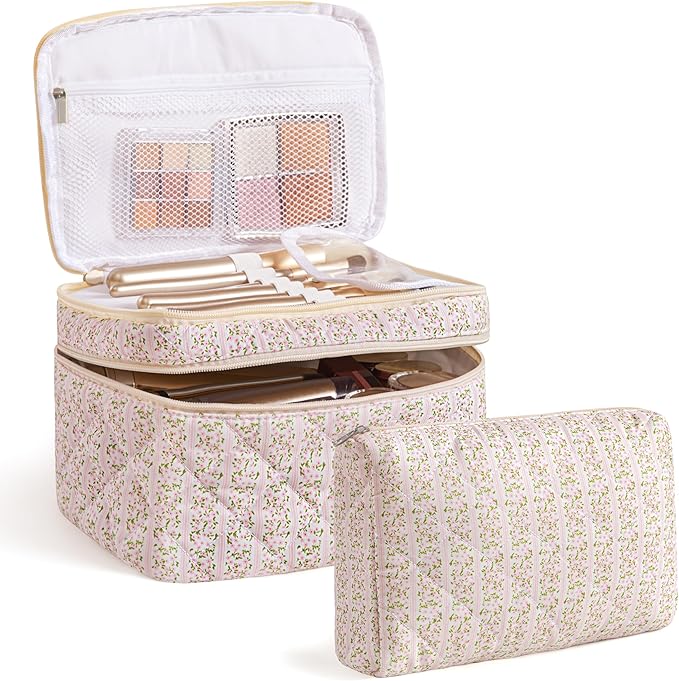 HBselect 2Pcs Travel Makeup Bag Large Quilted Cosmetic Bag Make up Bag