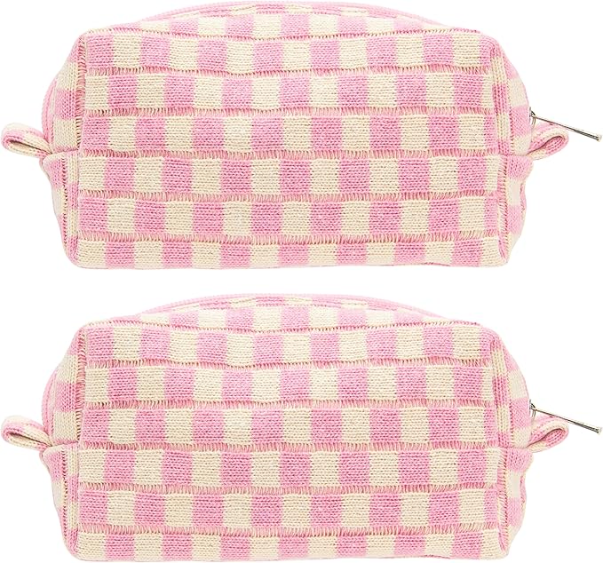 Checkered Makeup Bag for Purse, Small Cosmetic Pouch,Pink Beige,2 Pack