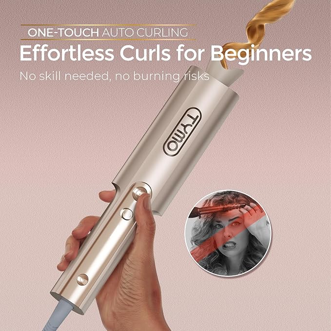 TYMO CurlPro Plus Automatic Rotating Curling Iron - Upgraded Long Barrel Curling Wand for Long Hair, Ceramic Hair Curler for Women, Anti-Scald, Tangle-Free, 600M Ionic, Dual Voltage, Gold, 1 Inch