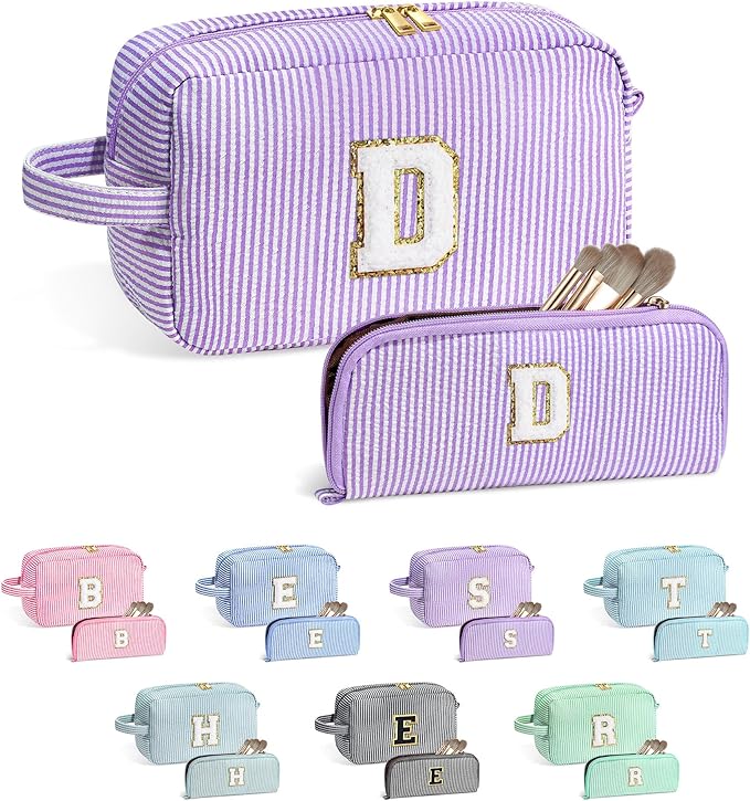 YOOLIFE Makeup Bag - Personalized Monogram Cosmetic Bag for Teen Girls, Purple Cute Travel Pouch