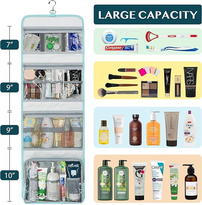 PAVILIA Travel Hanging Toiletry Bag for Women Men, Extra Large Capacity Makeup Bag Kit, Waterproof Cosmetic Storage Organizer Case for Bathroom Shower, Teal Chevron