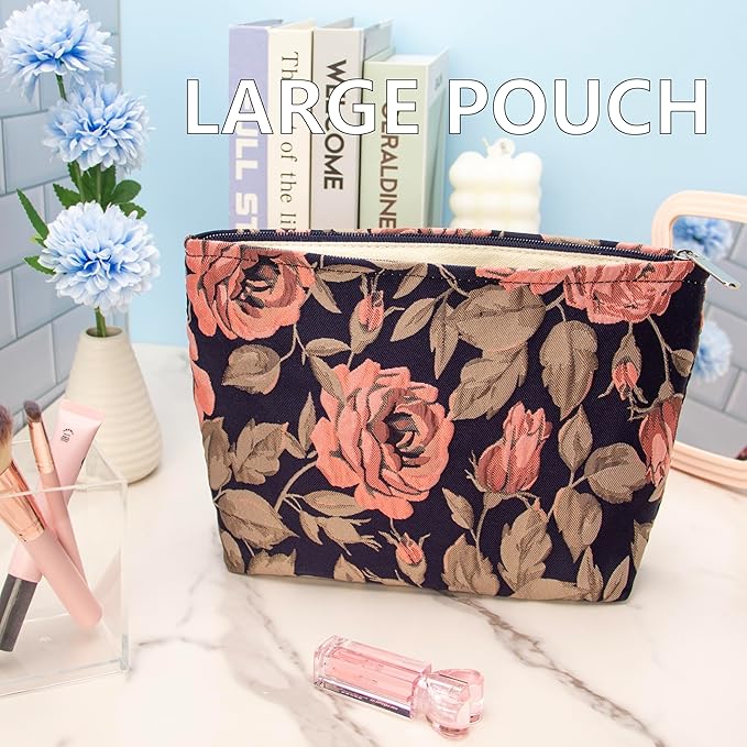 Flat Makeup Bag for Women,Zipper Cosmetic Pouch for Purse,Rose Black Blue