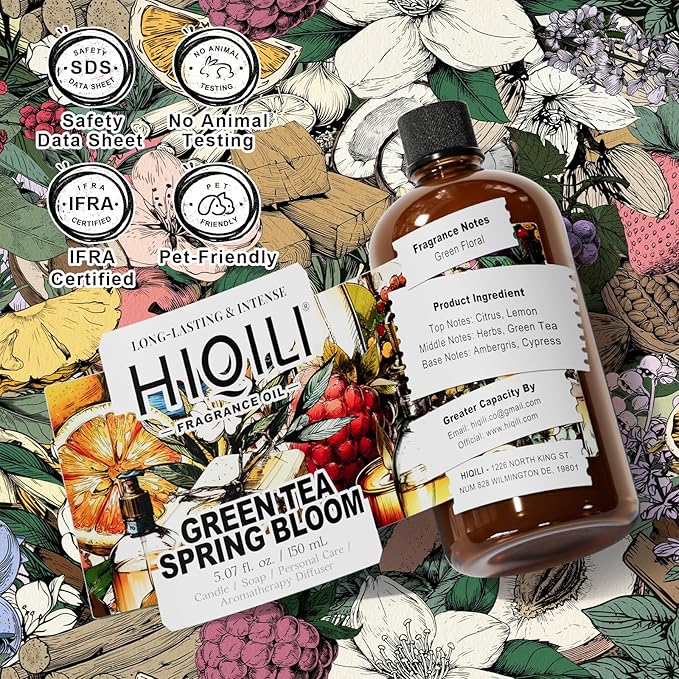 HIQILI Green Tea Spring Bloom Fragrance Oil for Diffuser, Inspired by Eliz.Ar-den Grn Tea, DIY Perfume, Candle, Soap Making, Long Lasting Uplifting & Crisp Scents - 5.07 Fl Oz