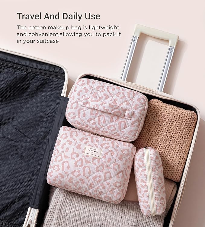 HBselect Quilted Makeup Bag, 3Pcs Cotton Large Travel Makeup Bags Organizer