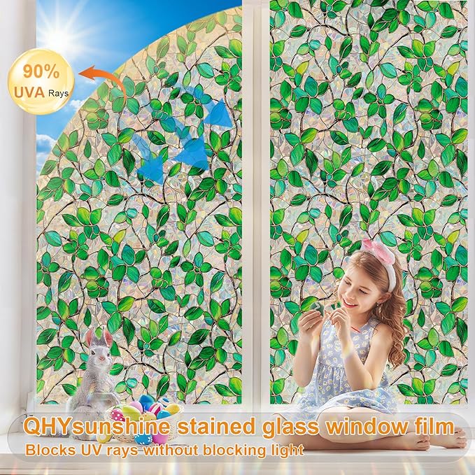 QHYsunshine Stained Glass Window Privacy Film Decorative Rainbow Static Clings – Ideal for Home & Office, Adhesive-Free, Removable, UV-Blocking (Green Rainbow, 23.6 X 78.7 in)