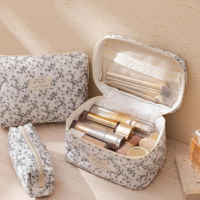 HBselect Quilted Makeup Bag, 3Pcs Cotton Large Travel Makeup Bags Organizer