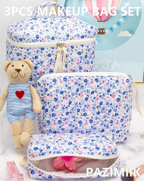 3 Piece Quilted Makeup Bag Set for Women,Cosmetic&Toiletry Bag,Floral Blue