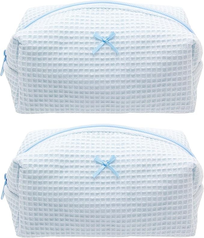 PAZIMIIK Cozy Makeup Bag for Women,Zipper Cosmetic Pouch,Waffle Blue,2 Pack